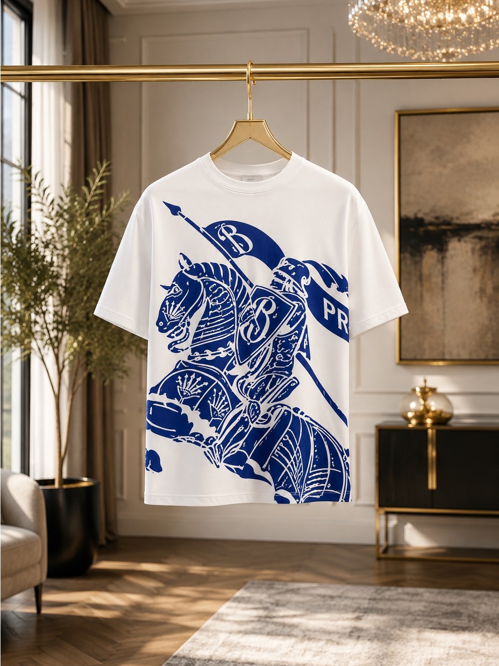 Burberry EKD Knight Print Cotton T-Shirt White/Blue XXL. Authentic. Original Box